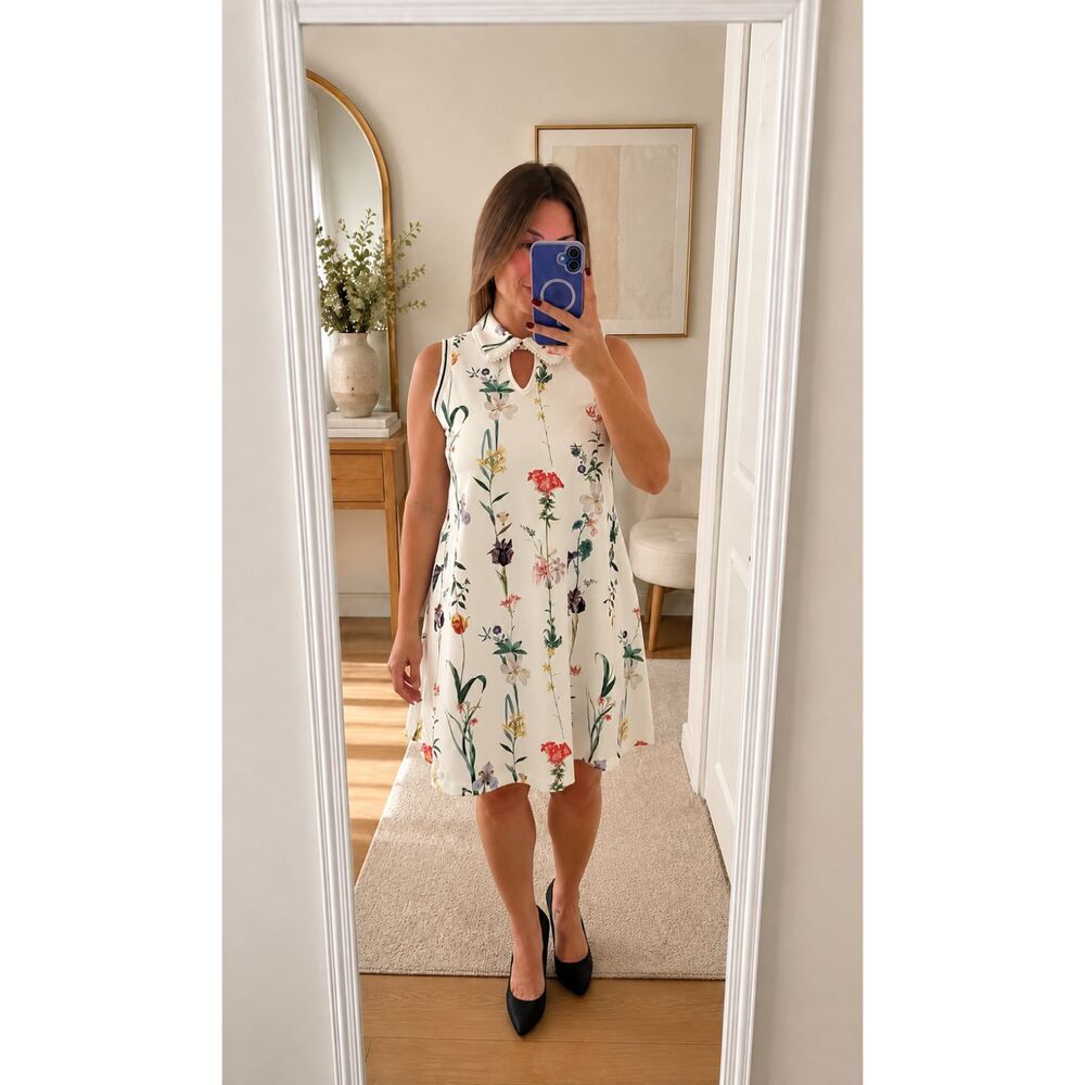 Gracia Floral Sleeveless A-Line Dress Pearl Collar Pockets White Size M